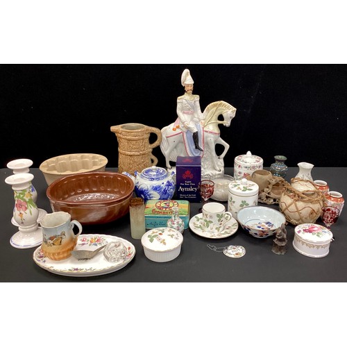 61 - Ceramics - salt glazed stoneware jelly moulds; a Staffordshire figure; an Oriental teapot; etc