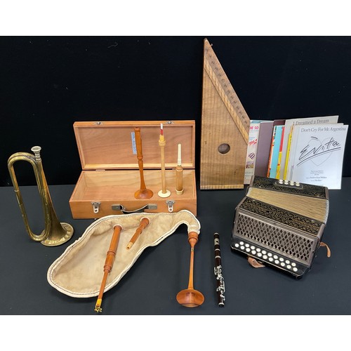 64 - Musical Instruments - A Julian Goodachre bagpipe, Hohner accordion, parade trumpet, music sheets; et... 