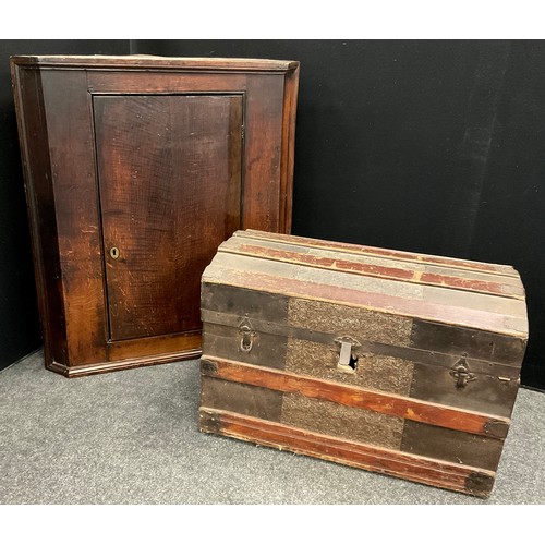 175 - A metal bound dome-top steamer/travelling trunk, 49cm high x 71cm x 40cm;  a 19th century oak corner... 