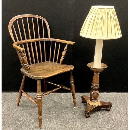 192 - A Windsor stick back arm chair, turned fore legs, H stretcher;  a Rosewood pole screen base, later c... 