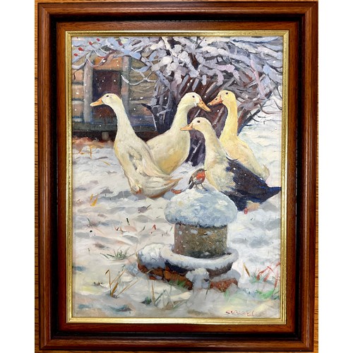 130A - Wendy Stevenson (British, 20th century), ‘Birds of a Feather’, signed, oil on board, 40cm x 30cm.