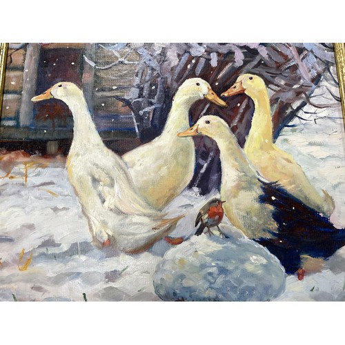 130A - Wendy Stevenson (British, 20th century), ‘Birds of a Feather’, signed, oil on board, 40cm x 30cm.