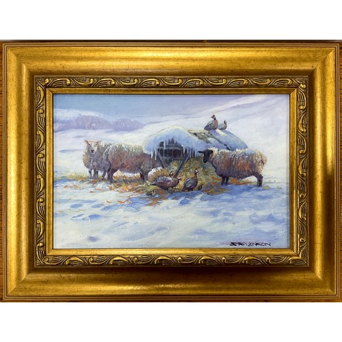 131A - Wendy Stevenson (British, 20th century), Sheep and Guinea Fowl, signed, oil on board, 20.5cm x 30.5c... 