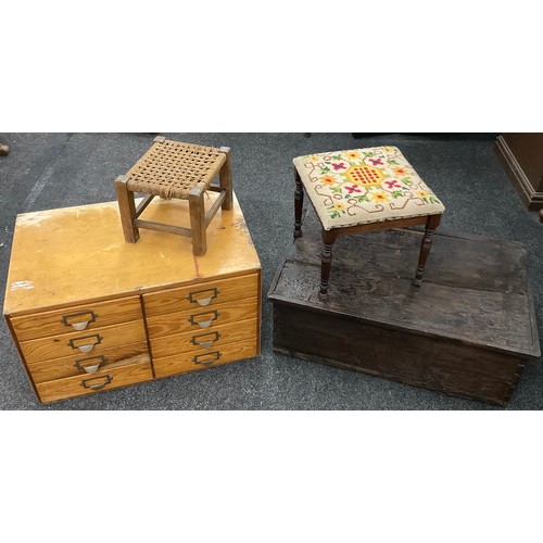 220 - A 19th century rectangular trunk or tool chest, hinged lid, 33cm x 84cm x 53cm;  an industrial pine ... 