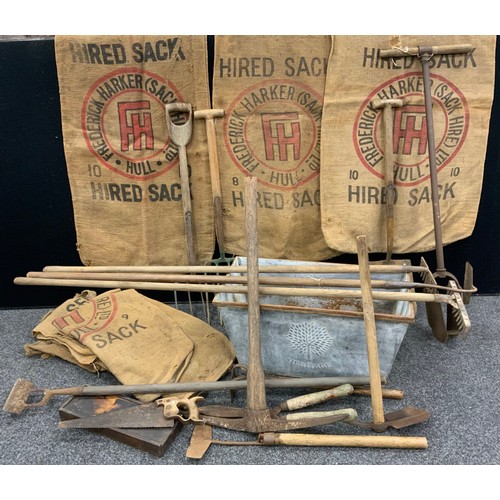 225 - Vintage tools and advertising - four large hessian Sacks, ‘Frederick Harker, Sack Hire’;  mattock, r... 