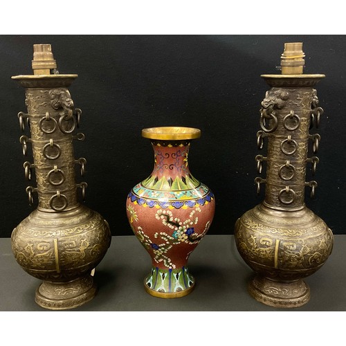 227 - A pair of Chinese Archaic form Bronzed metal table lamps, 20th century, each measuring 33.5cm high, ... 