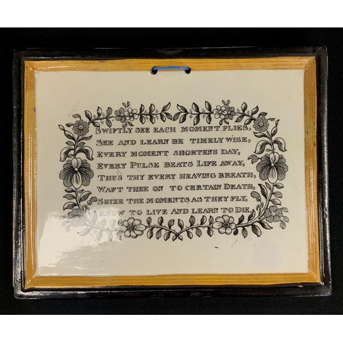 255 - A Victorian ceramic plaque printed inscription 'SWIFTLY SEE EACH MOMENT FLIES, SEE AND LEARN BE TIME... 