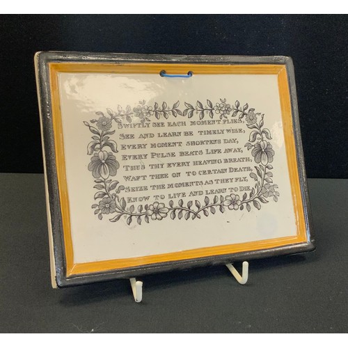 255 - A Victorian ceramic plaque printed inscription 'SWIFTLY SEE EACH MOMENT FLIES, SEE AND LEARN BE TIME... 