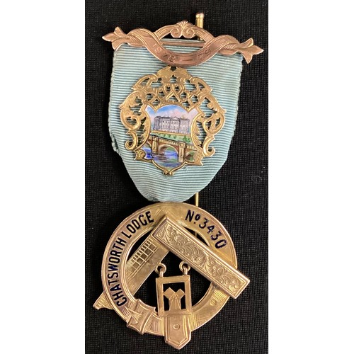 265 - Masonic Regalia - Chatsworth Lodge No 3430 9ct gold medal, others base metal, Royal Masonic Hospital... 