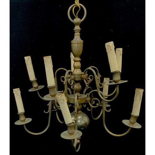 165 - A Dutch style brass ten arm chandelier with two sets of five graduated scrolling arms, 86cm drop, ap... 