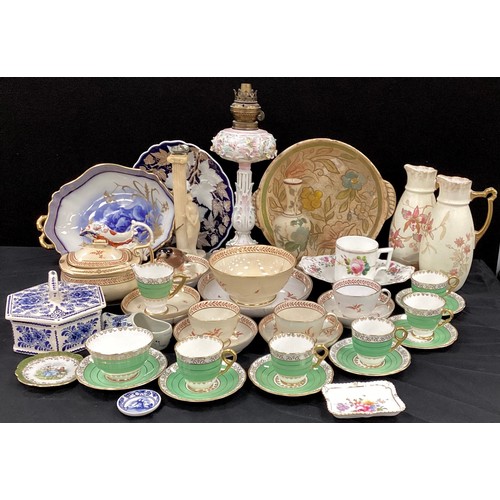 67 - Late 19th century ceramics including; blue print and gilt detailed, twin handled dish, cross arrow m... 