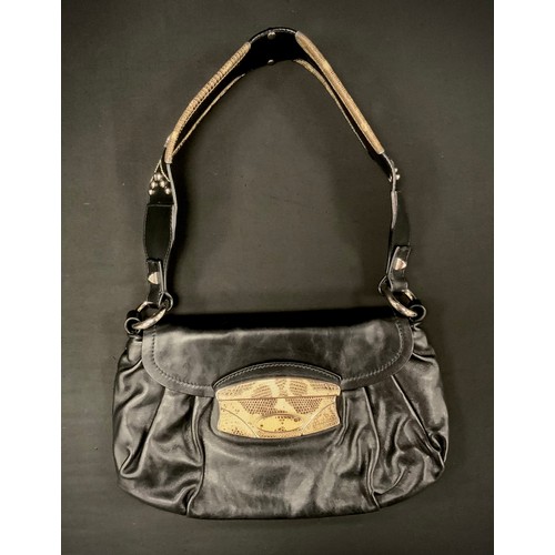 263A - A Prada black leather handbag, top handle, snake skin effect slide catch fittings and shoulder strap... 