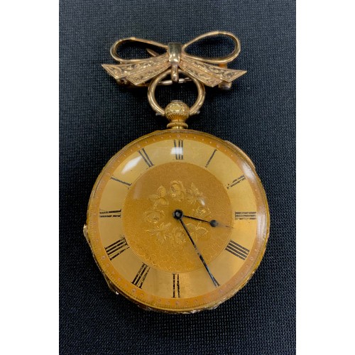 283 - A continental 18ct gold cased fob watch, gilt floral dial, Roman numerals, key wind Swiss movement, ... 