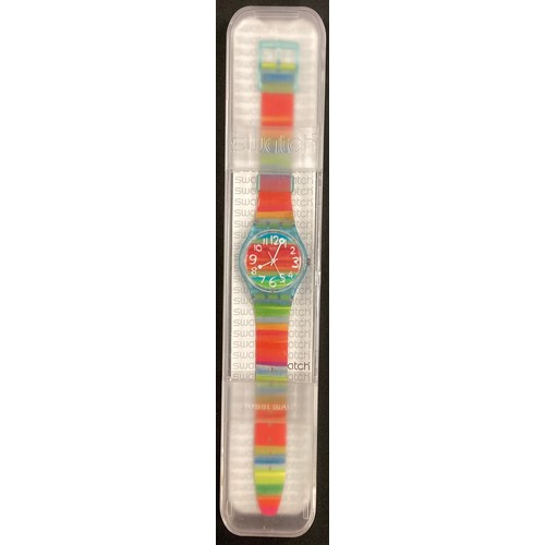 285 - Swatch - a COLOR THE SKY (GS124) unisex wristwatch, multi coloured dial and strap, boxed