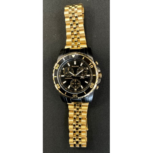 287 - An Acurrist black and gold chronograph wristwatch, fixed bezel, black dial, raised white baton marke... 