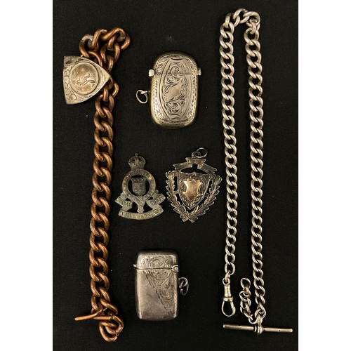 296 - Silver - a graduated link silver Albert chain, two vesta cases etc, 72.5g;  copper bracelet etc