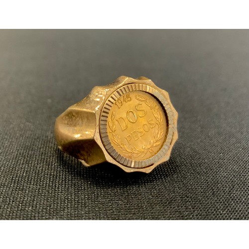 320 - A 1945 Dos (2) Pecos coin set signet ring, 9ct gold mount (cracked),London 1975, 8.2g gross