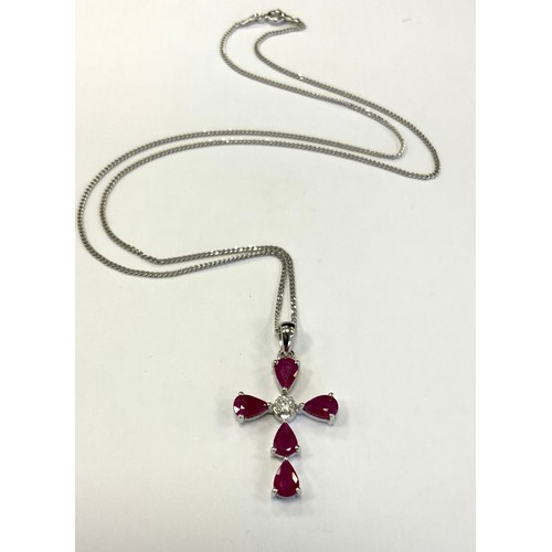 341 - A ruby and diamond cross pendant necklace, set with five pear pinky red rubies, approx 2.51ct surrou... 