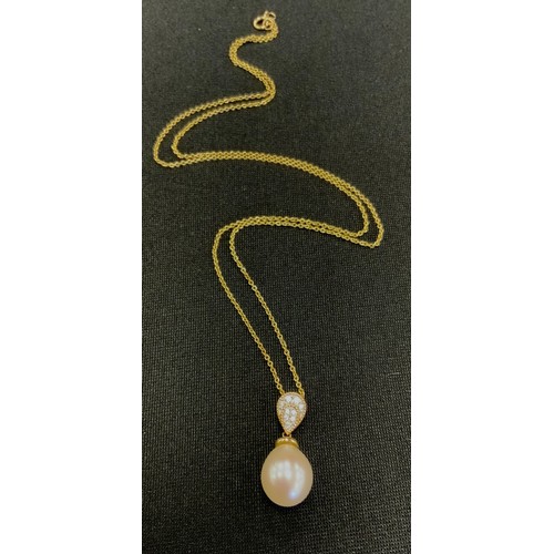 343 - A diamond and culture pearl pendant necklace, pear drop bale set with nine round brilliant cut diamo... 