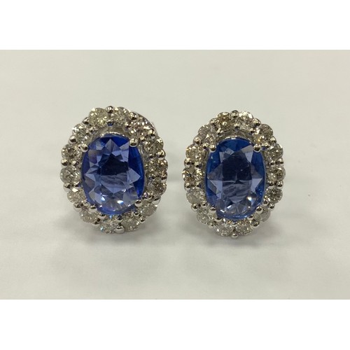 346 - A pair of sapphire and diamond oval stud earrings, central mid blue oval sapphire within halo of rou... 