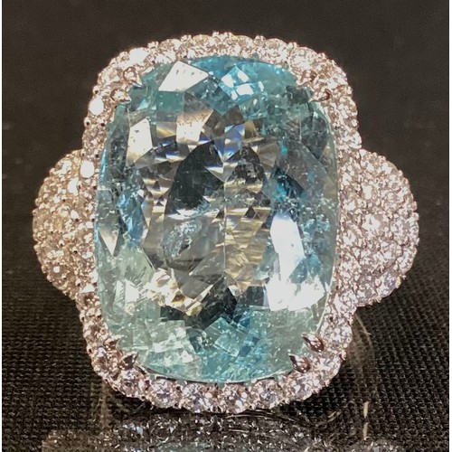 348 - A certified Aquamarine and diamond ring, central mixed cut cushion aquamarine 14.50ct, surrounded by... 