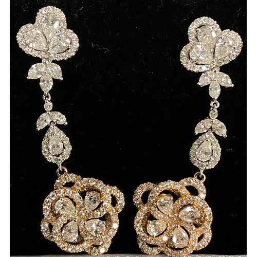 350 - A pair of certified diamond chandelier 18ct rose and white gold drop earrings, set with two hundred ... 