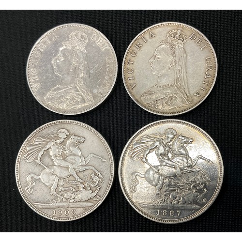 358 - Coins - a Victorian silver crown 1887,  another 1900;  double Florins 1887, 1890, 101.3g (4)