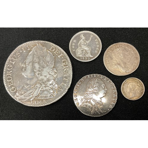 361 - Coins - a George II silver shilling, 1745;  George III sixpence 1787, George III threepence, 1762;  ... 