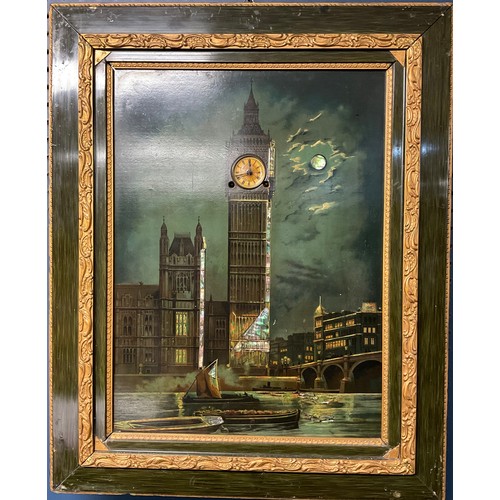 3067 - An early 20th century rectangular novelty wall clock, depicting a moonlit 'Big Ben' and the River Th... 