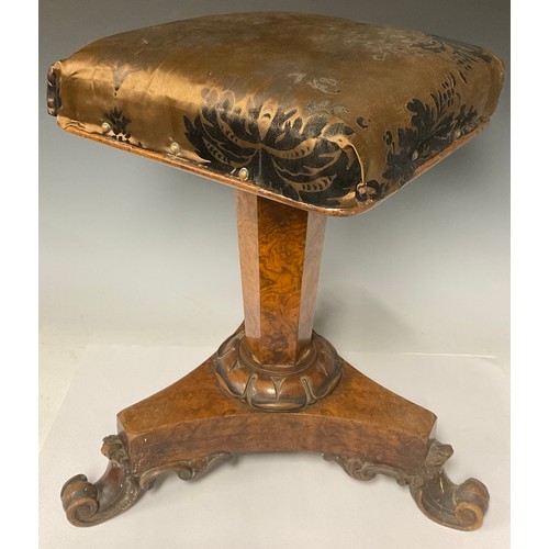 461 - A William IV burr walnut piano stool, stuffed upholstered, tripod feet, 48cm high