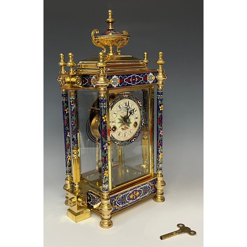 448 - Horology Interest - a 'brass' and cloisonne mantel clock, the 10cm dial with Roman numerals, twin wi... 