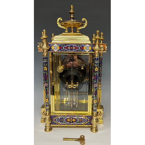 448 - Horology Interest - a 'brass' and cloisonne mantel clock, the 10cm dial with Roman numerals, twin wi... 