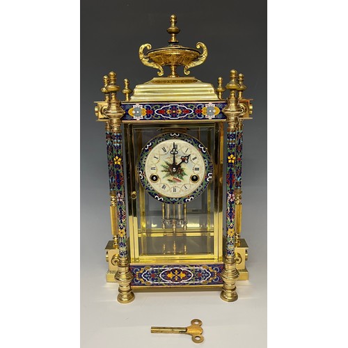 448 - Horology Interest - a 'brass' and cloisonne mantel clock, the 10cm dial with Roman numerals, twin wi... 