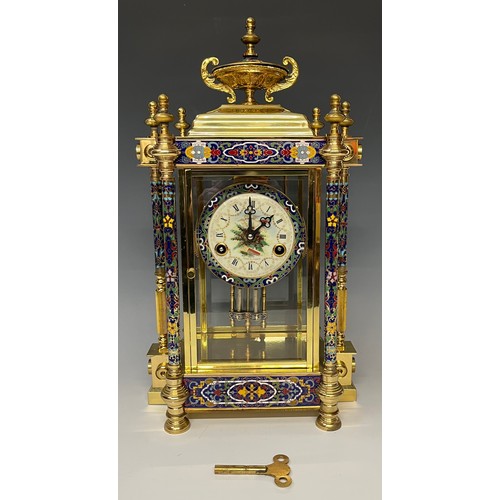 448 - Horology Interest - a 'brass' and cloisonne mantel clock, the 10cm dial with Roman numerals, twin wi... 