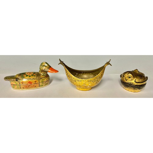 474 - A 19th century brass Kashmir bowl, 9.5cm high, 6.5cm wide; a papier maché duck, 17cm long; another, ... 