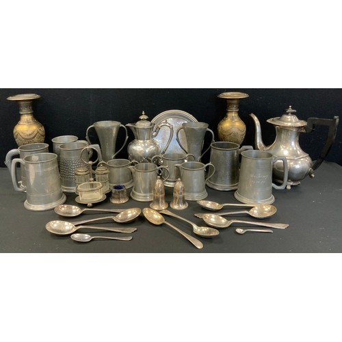56 - A pair of Ashberry pewter Arts & crafts vases,  assorted mugs, tankards etc; pair of Indian brass va... 