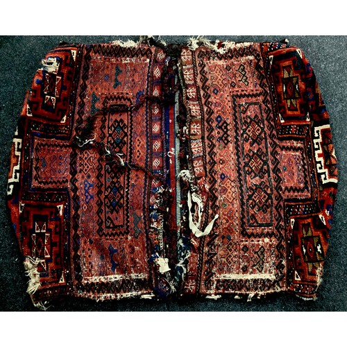 77 - Persian Lori or Qashgai type camel bag, Namakdan shaped panels, in tones of red and blue, 125cm x 10... 