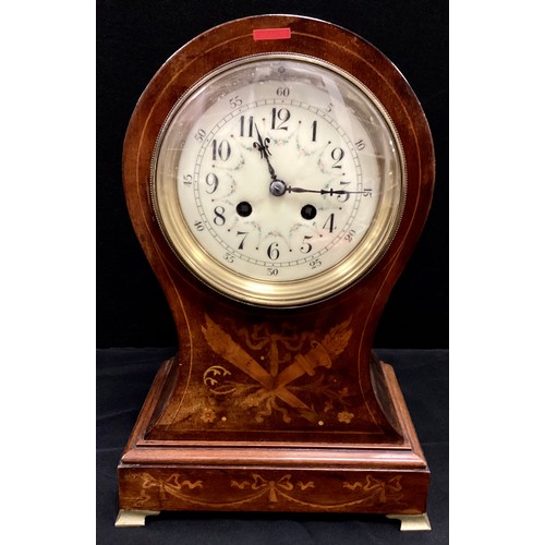 96 - Edwardian marquetry inlaid mahogany balloon clock, eight day movement, Arabic numerals, cream dial, ... 