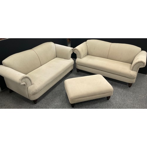 100 - A pair of Willis and Gambier type three-seat scroll-arm sofas, 87cm high (45cm to seat) x 194cm wide... 