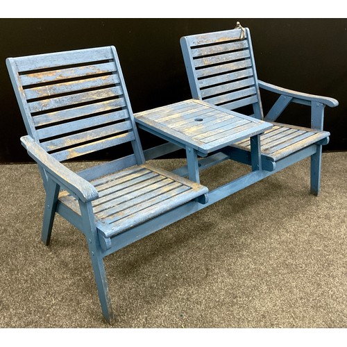 122 - Garden Furniture - a two seater garden bench, the centre section with table divider, approx 92cm x 1... 