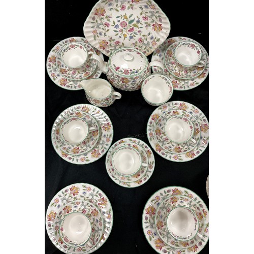 64 - A ‘Minton Haddon Hall’ tea service for six including; a tea pot, sugar bowl, milk jug, six tea cups ... 