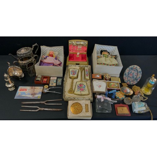 268 - Boxes & Objects - Two Pedigree dolls in traditional costume, both boxed;  compacts, Scent bottles, c... 