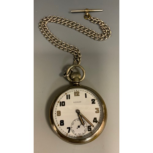 279 - A World War II Damas military pocket watch, GS/TP XX 367813, broad arrow mark, on an Albert chain