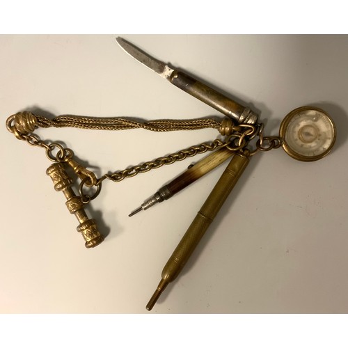 286 - A fancy link gilt metal Albertina chain, suspending combination compass thermometer, folding knife, ... 