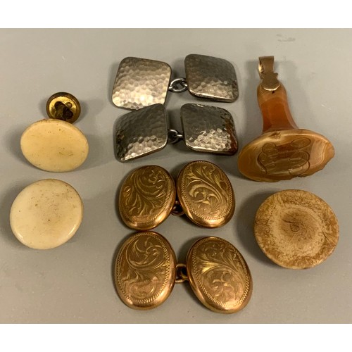 287 - A pair of 9ct gold oval floral panelled cufflinks, 4.8g,  others pewter;  banded agate seal stamp, i... 