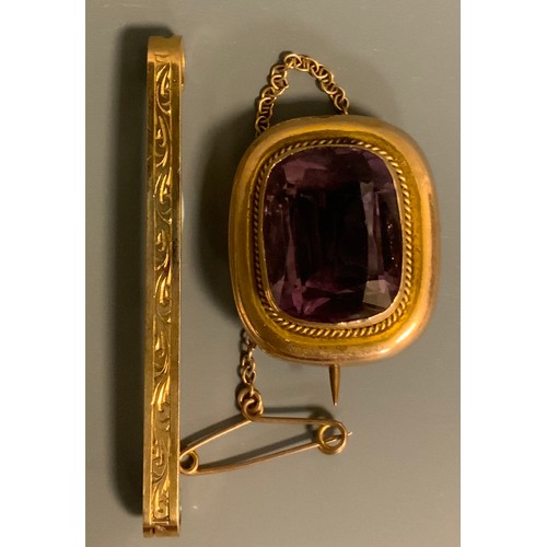 292 - A 19th century amethyst brooch, pale pinky purple cushion amethyst, 9ct gold mount, 5g gross;  a 9ct... 