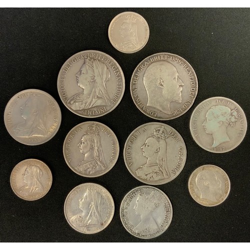 306 - Coins - Victorian and later in 1890, 1900, 1902 silver crowns, 1887, (2) 1979 half crowns, undated F... 