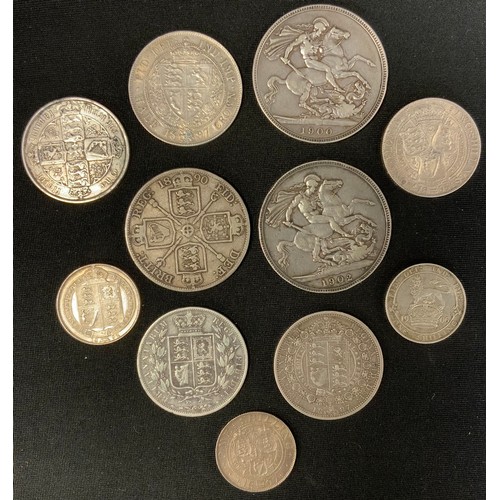 306 - Coins - Victorian and later in 1890, 1900, 1902 silver crowns, 1887, (2) 1979 half crowns, undated F... 