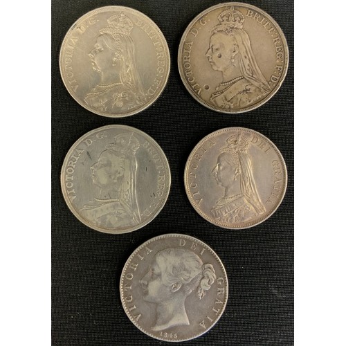 307 - Coins - Victorian silver crowns, 1845, shield back, 1887, 1889 (2), 1890, etc