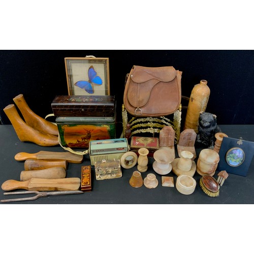 75A - Boxes and objects - wooden shoe lasts, alabaster trinkets, leather riding bag, tin, Bush long player... 